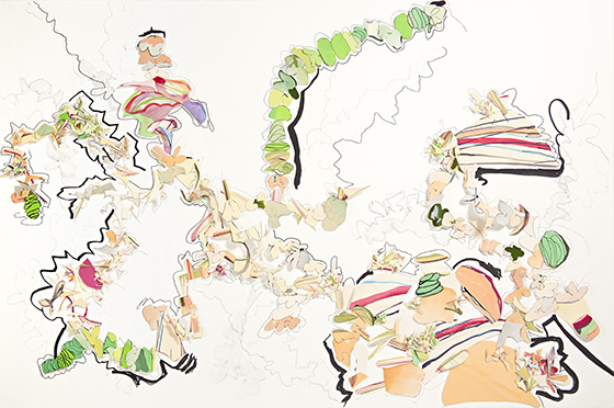 © 2024 Selena Beaudry. All rights reserved.  - Green Arch, 40” x 60” — Cut paper, gouache, acrylic, water color, pencil, and marker on paper, 2011