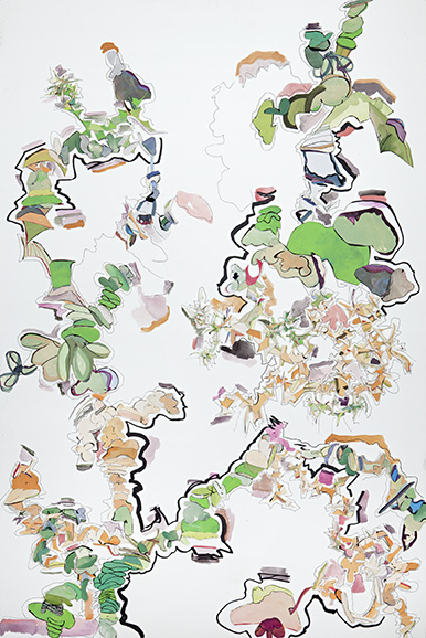 © 2024 Selena Beaudry. All rights reserved.  - Green Cha, 60” x 40” — Cut paper, gouache, acrylic, water color, pencil, and marker on paper, 2011